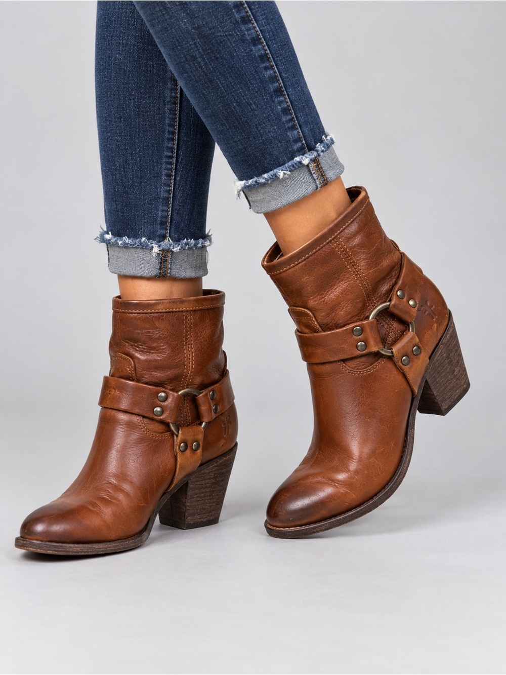 Ladies Frye Tabitha Harness Brown Leather Ankle Booties